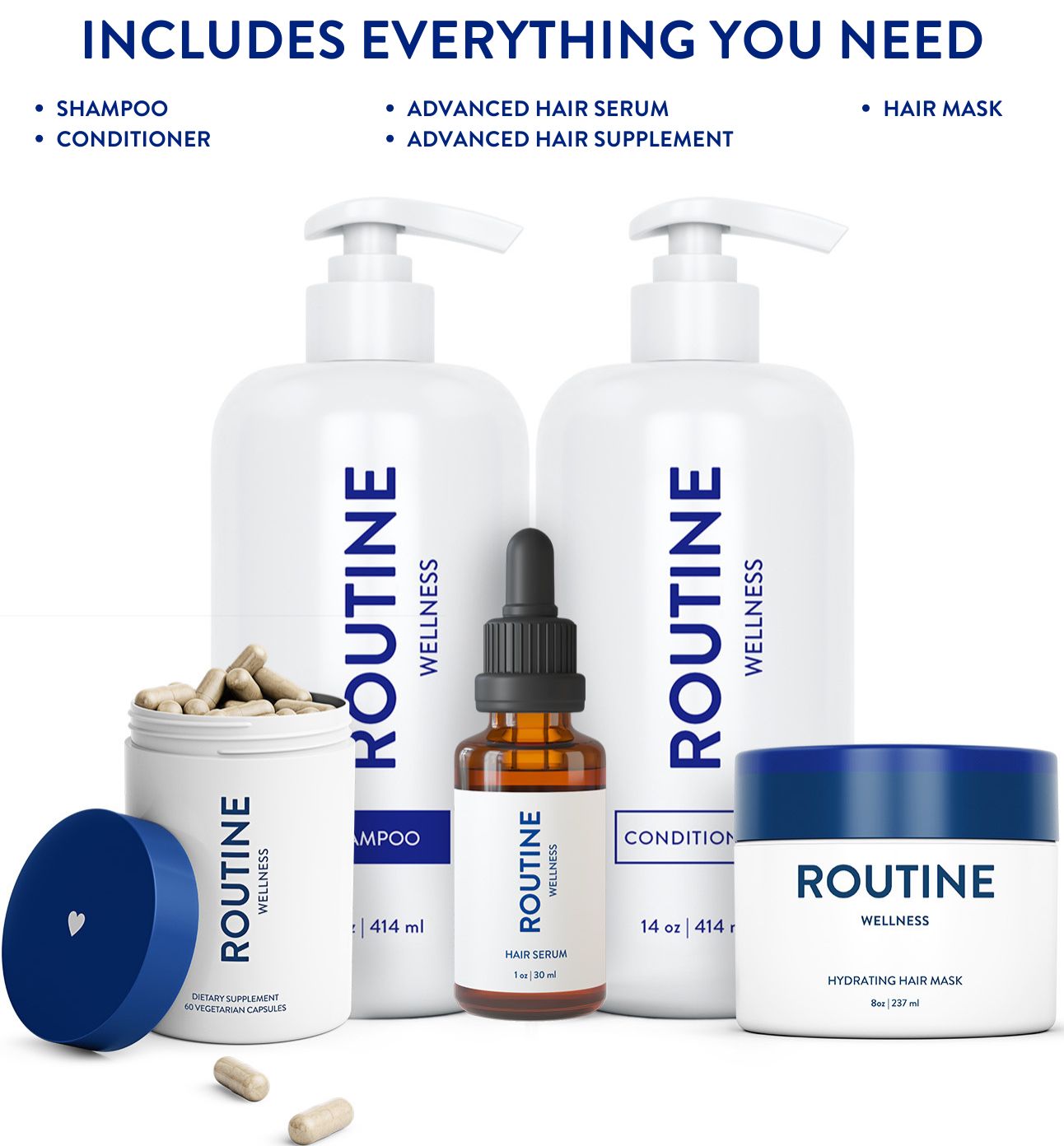 This complete bundle includes everything you need to address thinning hair: Routine Wellness Shampoo, Conditioner, Advanced Hair Serum, Advanced Hair Supplement, and Hair Mask