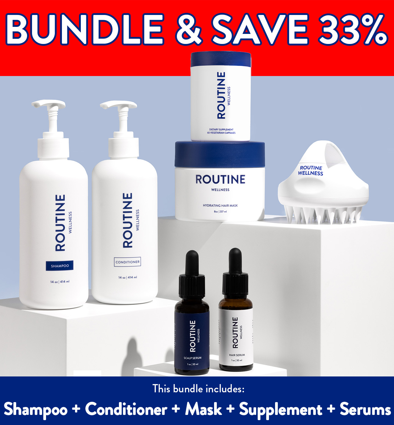 This complete bundle includes everything you need to address thinning hair: Routine Wellness Shampoo, Conditioner, Advanced Hair Serum, Advanced Scalp Serum, Advanced Hair Supplement, and Hair Mask