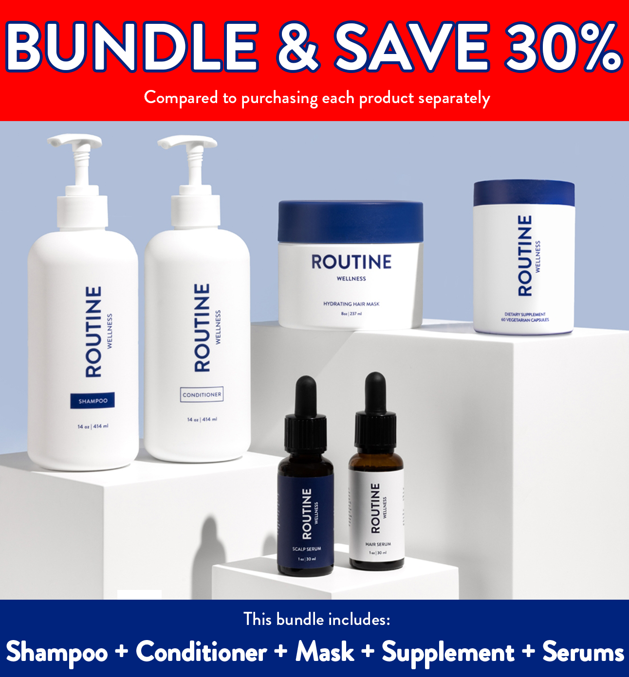 This complete bundle includes everything you need to address thinning hair: Routine Wellness Shampoo, Conditioner, Advanced Hair Serum, Advanced Scalp Serum, Advanced Hair Supplement, and Hair Mask