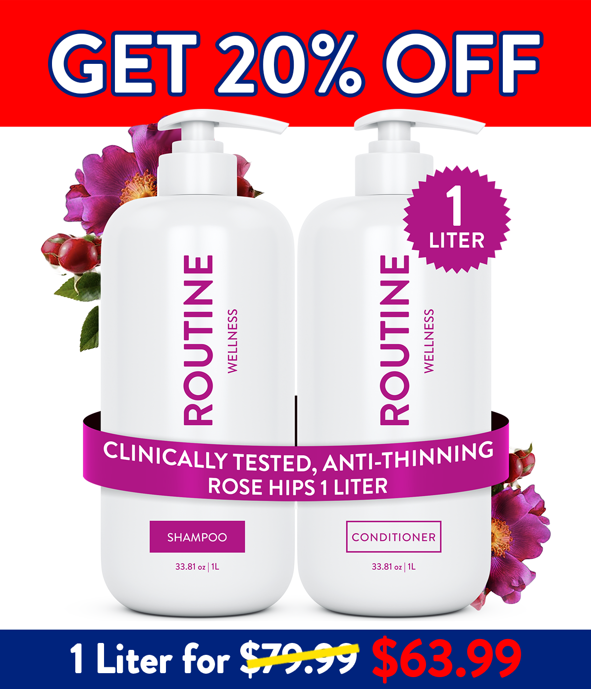Routine Wellness Shampoo and Conditioner are scientifically formulated to end bad hair days by strengthening hair and reducing breakage