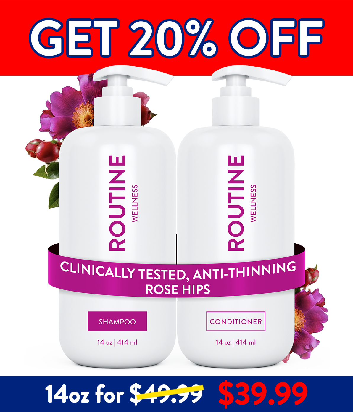 Routine Wellness Shampoo and Conditioner are scientifically formulated to end bad hair days by strengthening hair and reducing breakage