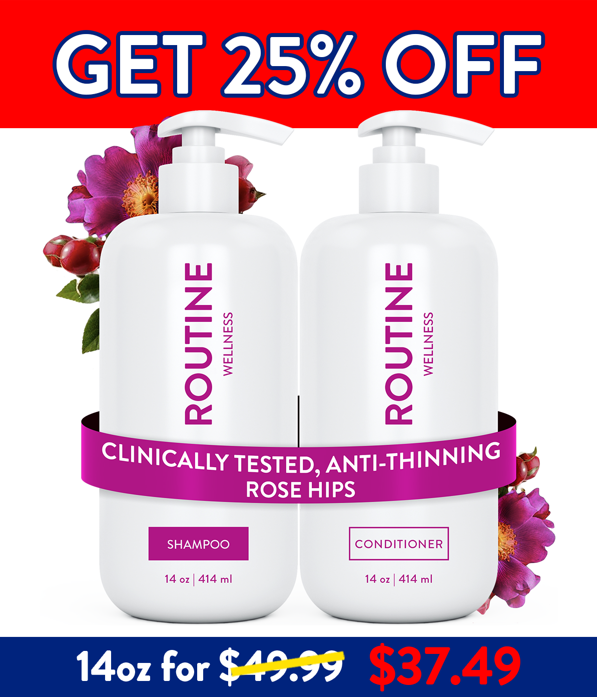 Routine Wellness Shampoo & Conditioner are clinically shown to reduce thinning caused by breakage, strengthen hair, reduce frizz, and increase shine