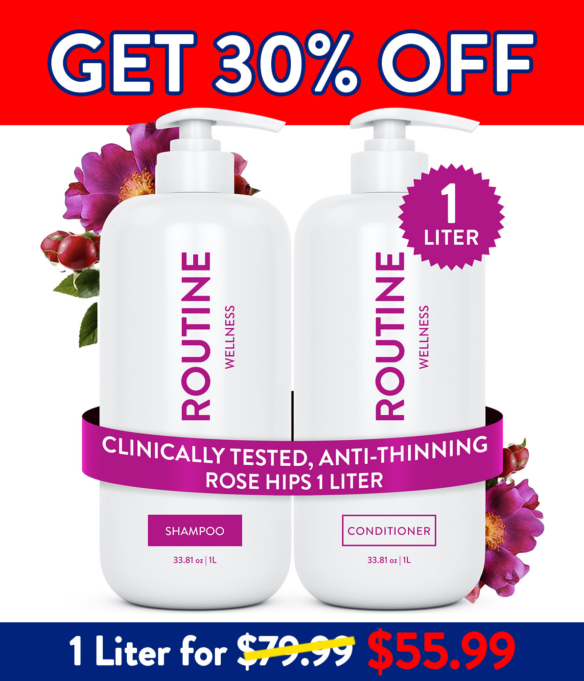 Routine Wellness Shampoo and Conditioner are clinically shown to reduce thinning caused by breakage, strengthen hair, reduce frizz, and increase shine