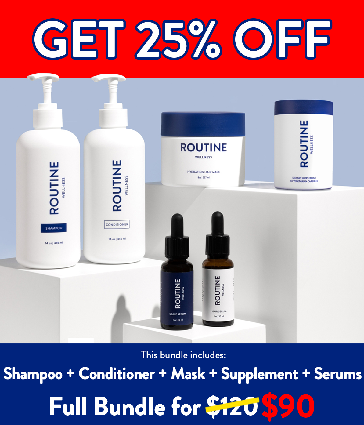 This complete bundle includes everything you need to address thinning hair: Routine Wellness Shampoo, Conditioner, Advanced Hair Serum, Advanced Scalp Serum, Advanced Hair Supplement, and Hair Mask