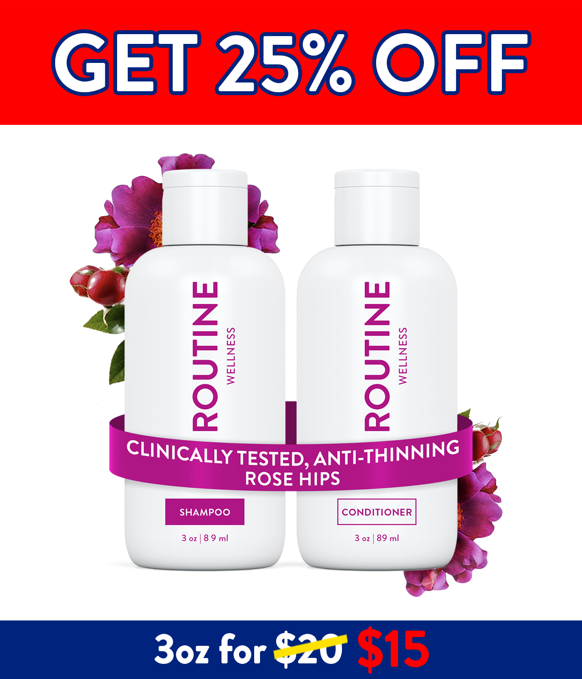 Routine Wellness Shampoo and Conditioner are clinically shown to reduce thinning caused by breakage, strengthen hair, reduce frizz, and increase shine