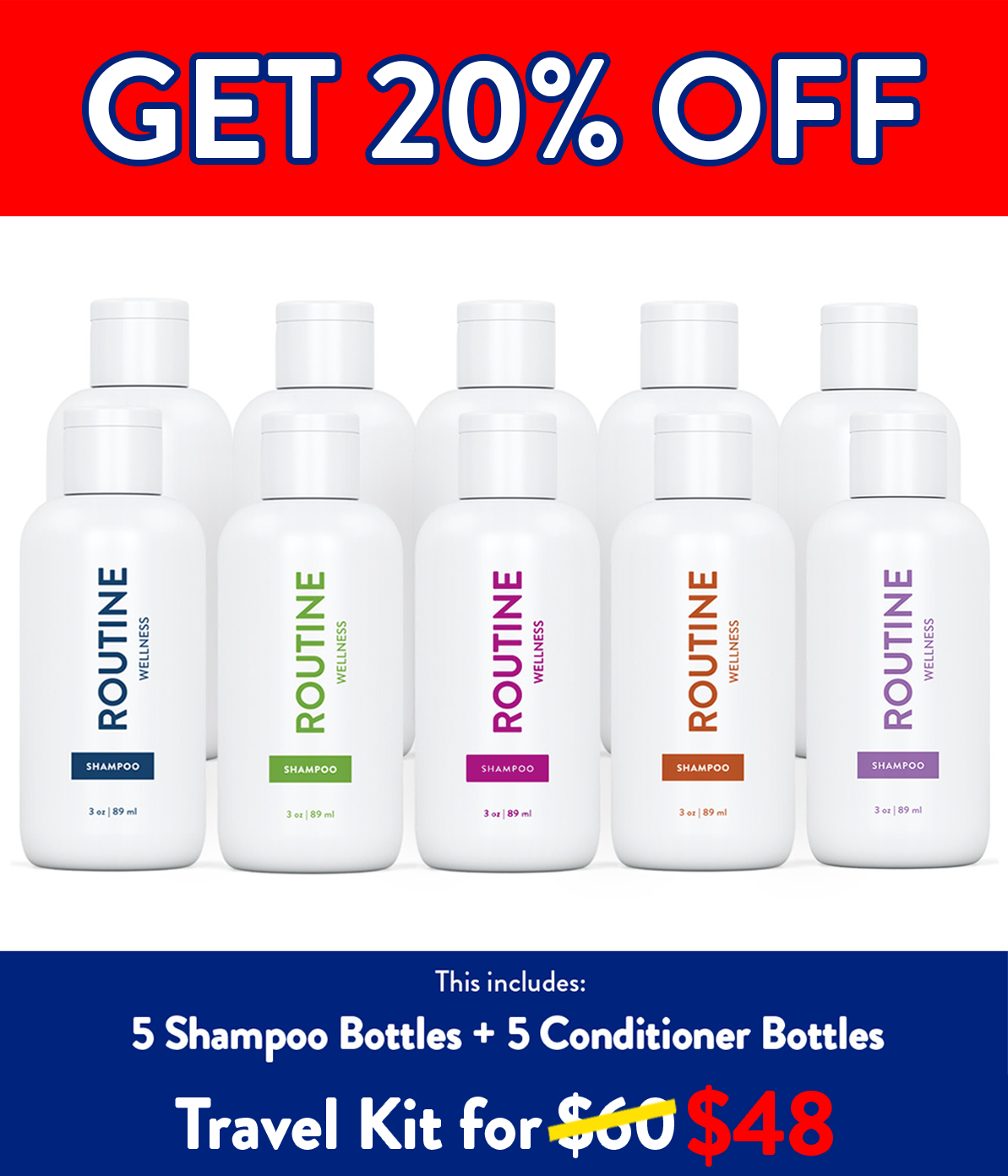 This Travel Size Sampler Pack includes a total of 10 bottles.
You will get 3 ounce bottles of each of the following:


 	Rose Hips Shampoo and Conditioner
 	Coconut & Vanilla Shampoo and Conditioner
 	Lavender & Cedar Shampoo and Conditioner
 	Cucumber Shampoo and Conditioner
 	Unscented Shampoo and Conditioner