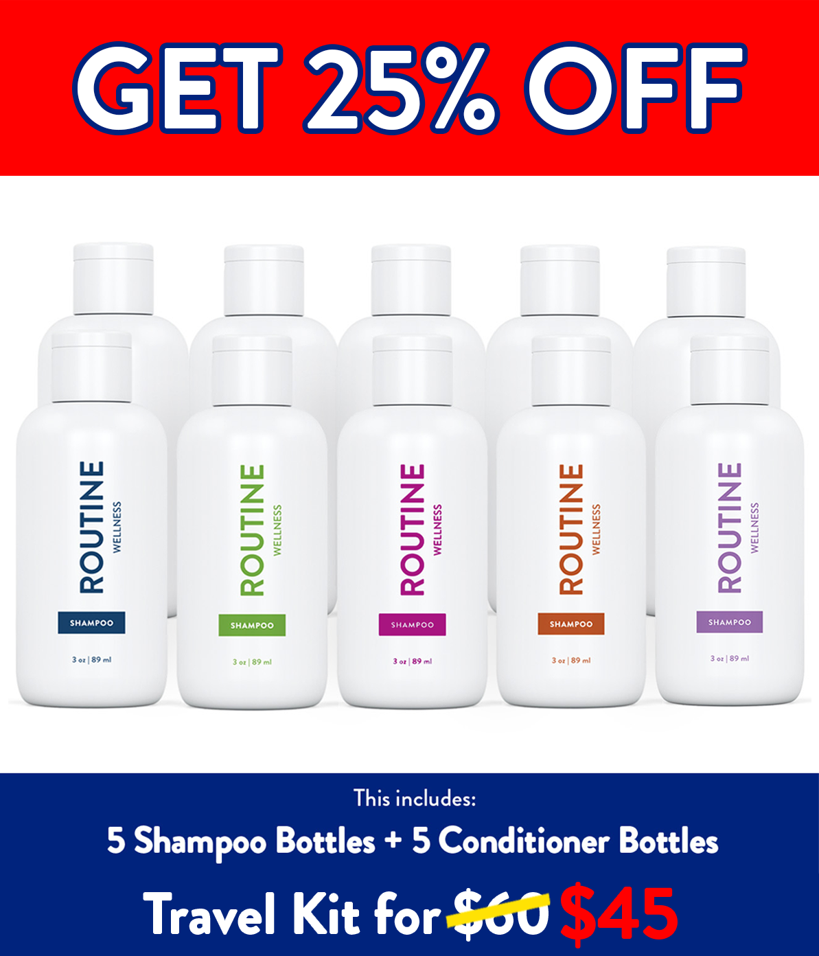 This Travel Size Sampler Pack includes a total of 10 bottles.
You will get 3 ounce bottles of each of the following:


 	Rose Hips Shampoo and Conditioner
 	Coconut & Vanilla Shampoo and Conditioner
 	Lavender & Cedar Shampoo and Conditioner
 	Cucumber Shampoo and Conditioner
 	Unscented Shampoo and Conditioner