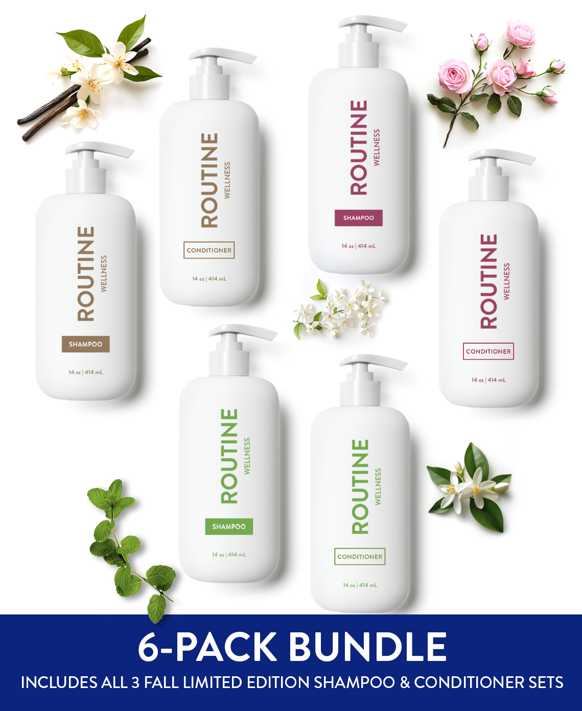 This Seasonal Scent Bundle includes a total of 6 bottles.
You will get 14 ounce bottles of each of the following scents:


 	Vanilla Cashmere & Oak Shampoo and Conditioner 
 	Citrus Bloom & Mint Leaf Shampoo and Conditioner
 	Jasmine & Rosewater Shampoo and Conditioner

Please note we are not able to substitute or exchange scents in this bundle.