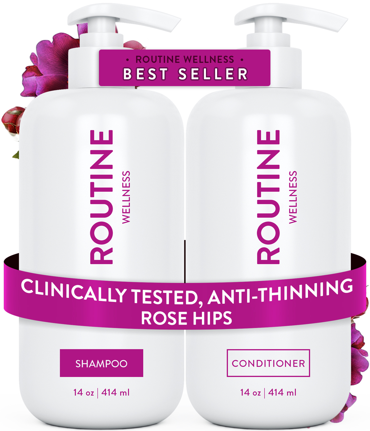 Routine Wellness Shampoo & Conditioner are clinically shown to reduce thinning caused by breakage, strengthen hair, reduce frizz, and increase shine