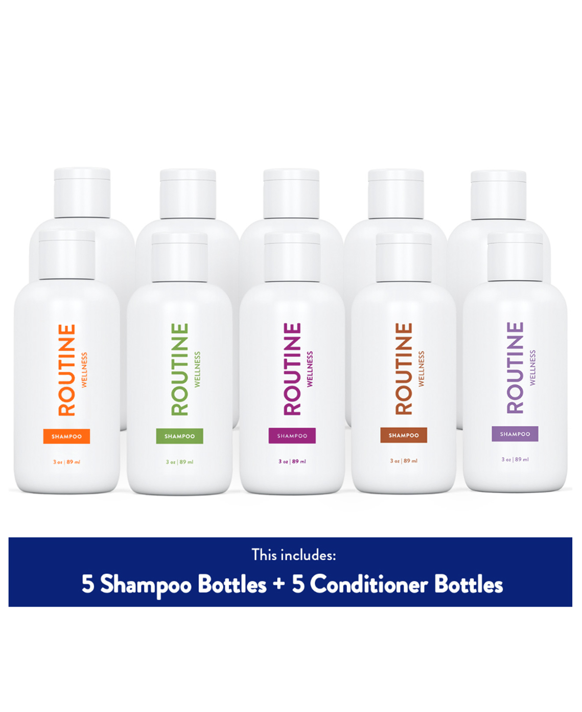 This Travel Size Sampler Pack includes a total of 10 bottles.
You will get 3 ounce bottles of each of the following:


 	Rose Hips Shampoo and Conditioner
 	Jasmine & Orange Blossom Shampoo and Conditioner
 	Coconut & Vanilla Shampoo and Conditioner
 	Lavender & Cedar Shampoo and Conditioner
 	Cucumber Shampoo and Conditioner