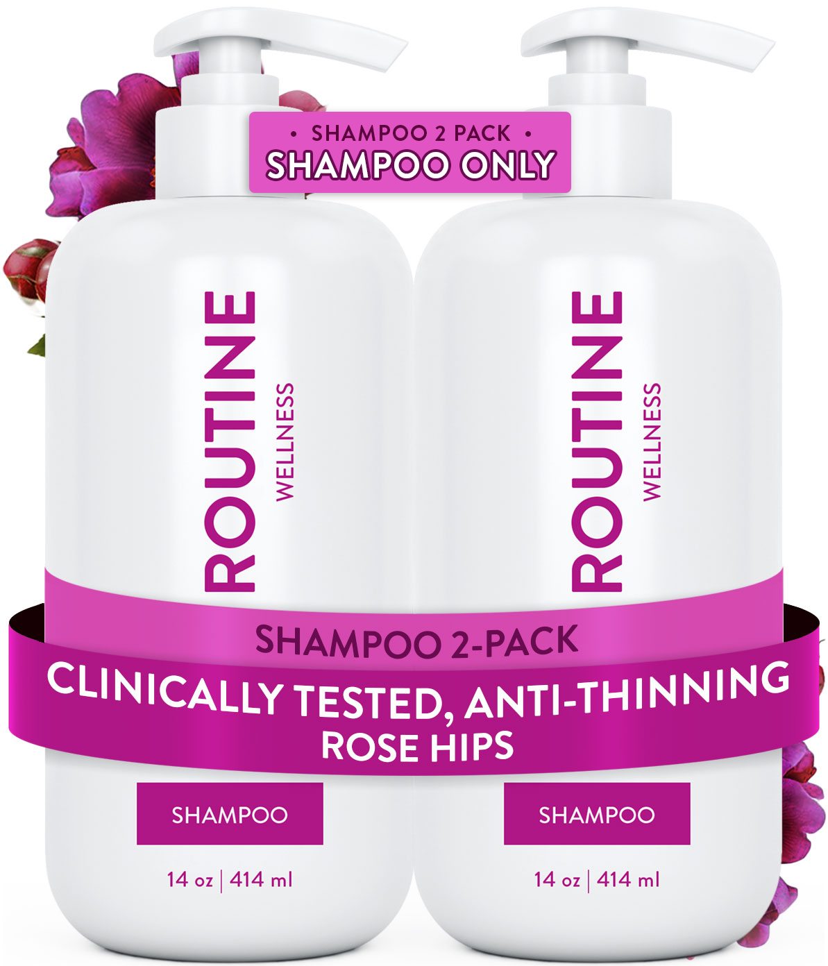 Together with our conditioner, Routine Wellness Shampoo reduces thinning caused by breakage, strengthens hair, reduces frizz, and increases shine