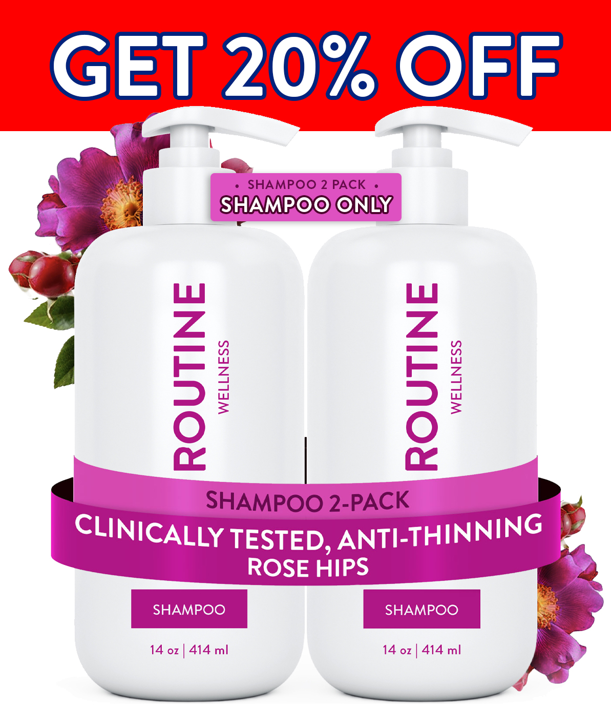 Together with our conditioner, Routine Wellness Shampoo reduces thinning caused by breakage, strengthens hair, reduces frizz, and increases shine