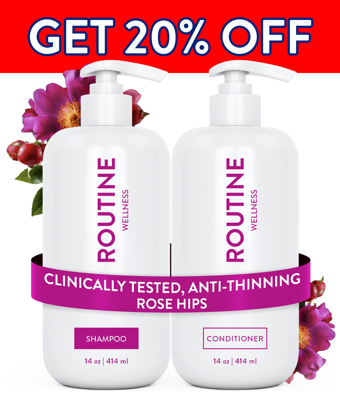 Routine Wellness Shampoo & Conditioner are clinically shown to reduce thinning caused by breakage, strengthen hair, reduce frizz, and increase shine