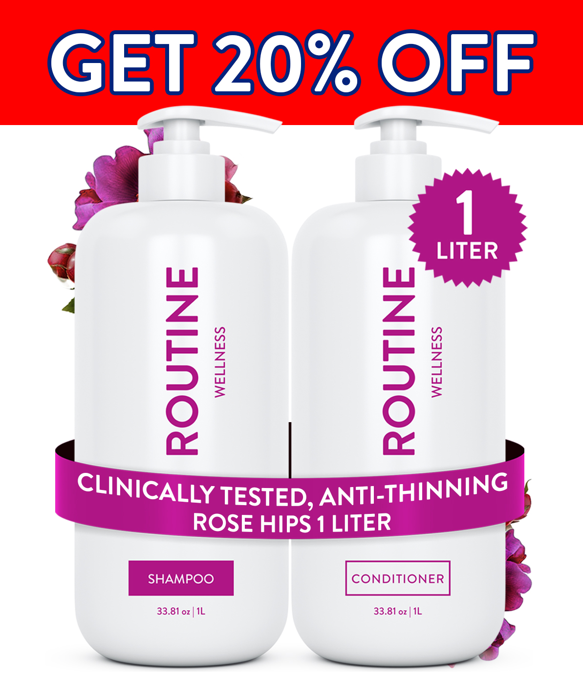 Routine Wellness Shampoo and Conditioner are clinically shown to reduce thinning caused by breakage, strengthen hair, reduce frizz, and increase shine