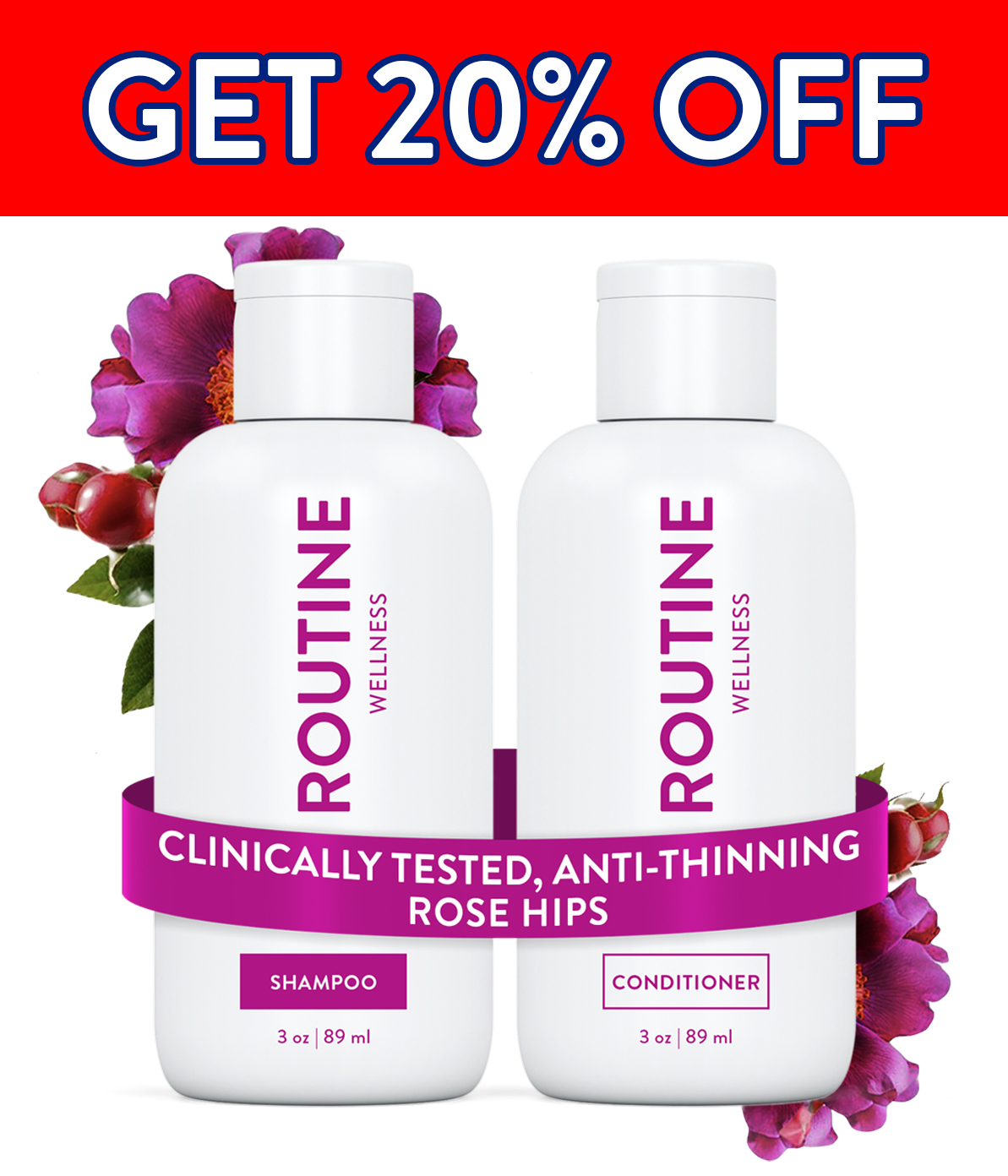 Routine Wellness Shampoo and Conditioner are clinically shown to reduce thinning caused by breakage, strengthen hair, reduce frizz, and increase shine