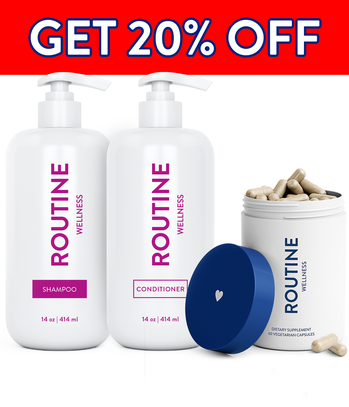 This set includes Routine Wellness Shampoo and Conditioner, as well as our Advanced Hair Supplement that is made from patented ingredients that are clinically shown to help grow thicker, fuller hair.