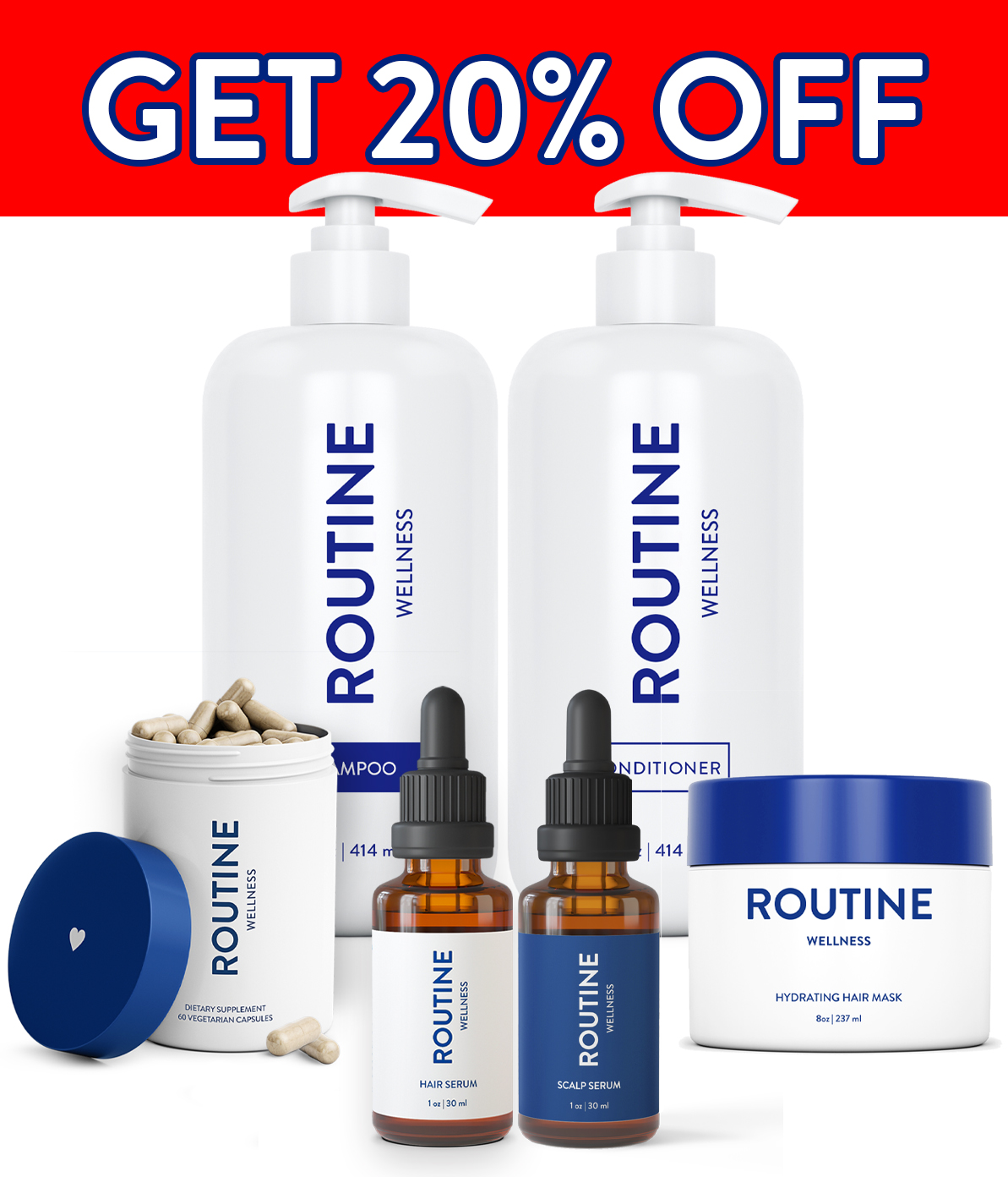 This complete bundle includes everything you need to address thinning hair: Routine Wellness Shampoo, Conditioner, Advanced Hair Serum, Advanced Scalp Serum, Advanced Hair Supplement, and Hair Mask